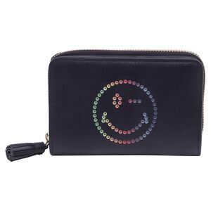 Anya Hindmarch Smiley Face Tasseled Bi-Fold Wallet in Navy Blue Leather